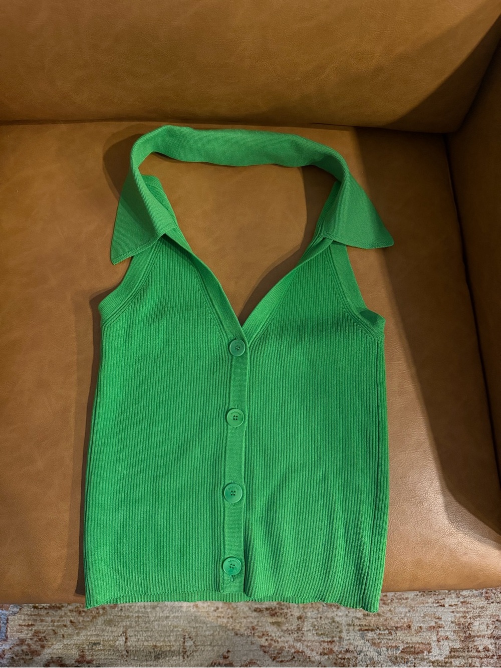 Green Ribbed Halter Tank Top with Buttons